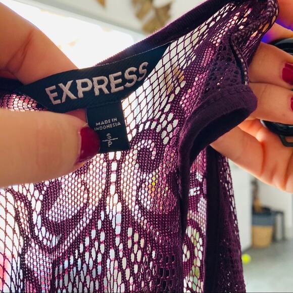 EXPRESS Sheer Back Deep Purple Plum A-Line Lace Mini Tank Top Lined Dress S - Picture 8 of 10